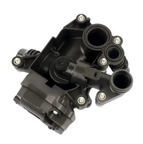 Premium Thermostat Housing Heat Management Module BMW X1 X3 X5 Engine Assembly in black with coolant connections visible.