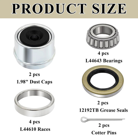 Trailer bearing kit for 1'' axles; includes 4 bearings, 2 races, 2 grease seals, 2 dust caps, 2 cotter pins.