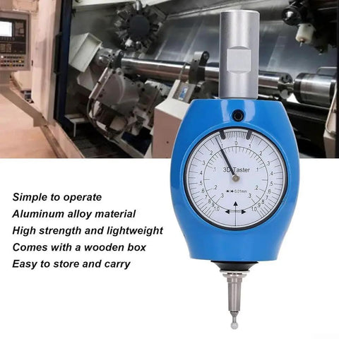 Pro Grade 3D Edge Finder For CNC Milling And EDM Machines With XYZ Axis Readout Aluminum Alloy Handle And Digital Mechanical Gauge shown with a CNC setup in the background.