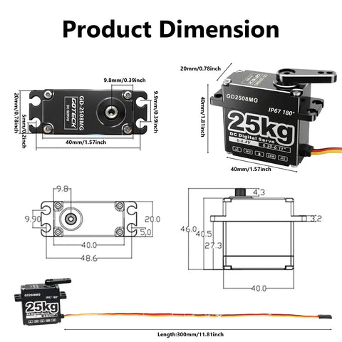 Product dimensions of Beefy 25Kg Digital Servo 8.4V With Full Metal Gears IP67 Waterproof 180 Degree Sweep diagram