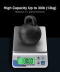Workhorse High Capacity Digital Kitchen Scale 30 Lb 13 Kg With 0.05 Oz 1 G Precision LCD Display Stainless Steel Top Battery Or Plug In Five Unit Modes G Kg Lb Lb Oz Oz For Baking Meal Prep Farming And Shipping with kettlebell on tray