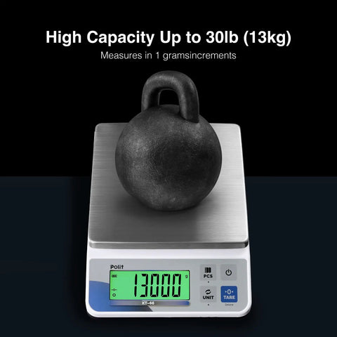Workhorse High Capacity Digital Kitchen Scale 30 Lb 13 Kg With 0.05 Oz 1 G Precision LCD Display Stainless Steel Top Battery Or Plug In Five Unit Modes G Kg Lb Lb Oz Oz For Baking Meal Prep Farming And Shipping with kettlebell on tray