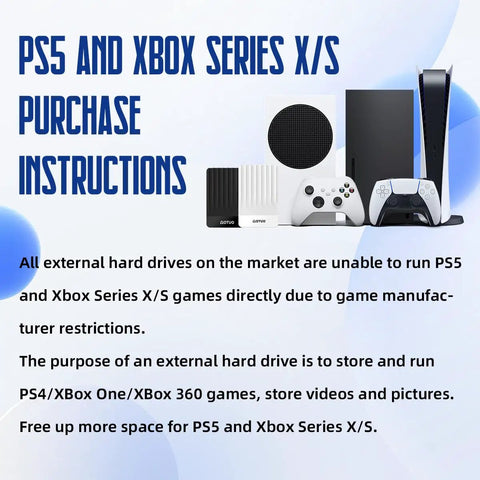 PS5 and Xbox Series X S consoles with accessories, text on purchase instructions, Portable External Hard Drive 1TB USB 3.0 USB-C Storage Expansion.