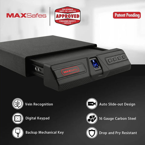 Quick Draw Under Desk Gun Safe With Biometric Finger Vein Lock, spacious slot for two handguns, durable carbon steel design.