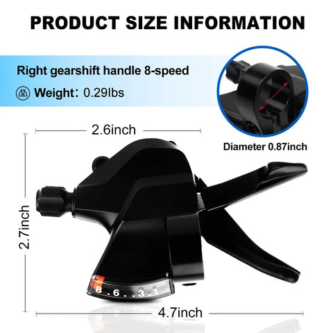 8 Speed MTB Right Shifter Lever With Optical Gear Display showing size and ergonomic trigger grip dimensions
