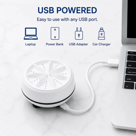USB powered 2-in-1 Mini Ultrasonic Washing Machine Portable Turbo Washer connected to a laptop.