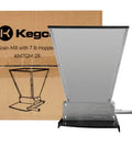 Grain Mill With 7 Lb Aluminum Hopper And Two Beefy Adjustable Gap Rollers For Hand Crank Or Drill Powered Milling Integral Drive Shaft And A Black Base That Fits Over A Standard 5 Gallon Bucket shown with packaging.