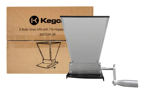 Grain Mill With 7 Lb Aluminum Hopper And Two Beefy Adjustable Gap Rollers For Hand Crank Or Drill Powered Milling Integral Drive Shaft And A Black Base That Fits Over A Standard 5 Gallon Bucket shown with packaging.
