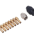 Heavy Duty Keyless Drill Chuck Collet Set Fits 1/32 To 1/8 Inch with eight brass collets and a keyless chuck for precision work.
