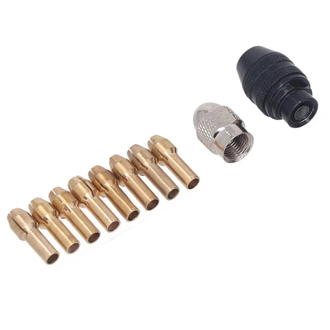 Heavy Duty Keyless Drill Chuck Collet Set Fits 1/32 To 1/8 Inch with eight brass collets and a keyless chuck for precision work.