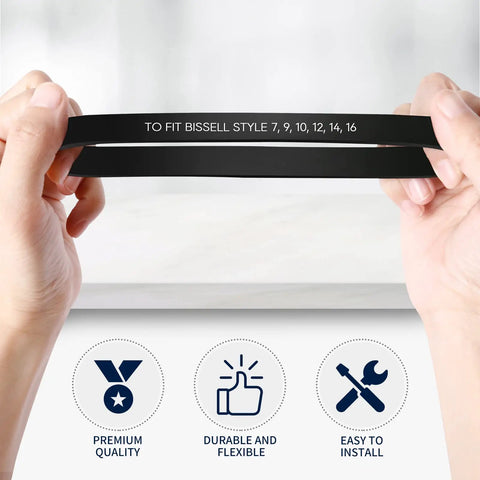 Hands holding Replacement Belt For Bissell Vacuum 7 9 10 Part Number 3031120 2 Pack, showing size and compatibility icons.