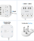 5Ft Power Strip With USB Ports Plus 1 USB-C, Non Surge Protector For Travel Cruise Ship Home And Office, 3 Spaced AC Outlets, Compact Extension Cord Adapter, ETL Listed, Perfect For Luggage Or Desk with ultra-thin flat plug and hanging holes.