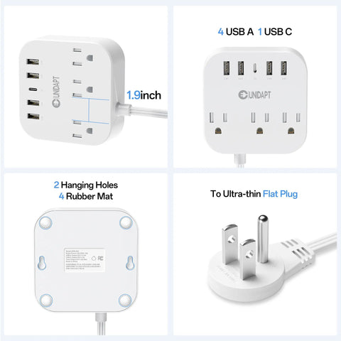 5Ft Power Strip With USB Ports Plus 1 USB-C, Non Surge Protector For Travel Cruise Ship Home And Office, 3 Spaced AC Outlets, Compact Extension Cord Adapter, ETL Listed, Perfect For Luggage Or Desk with ultra-thin flat plug and hanging holes.