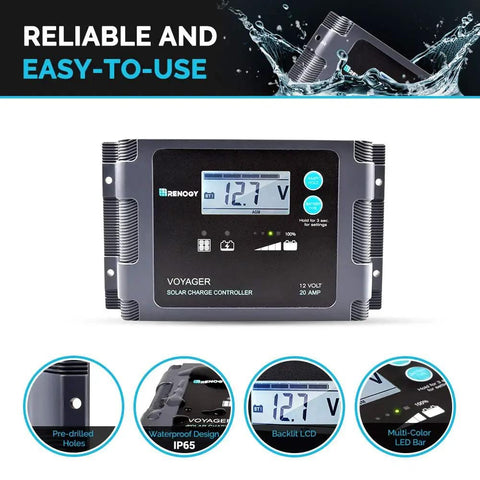 Voyager 20A waterproof solar charge controller with LCD display, part of the 200W Portable Solar Panel Kit for off-grid living.