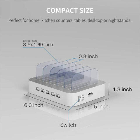 Five Port USB A Charging Station For Multiple Devices Desktop Dock Organizer With Seven Short Cables Included dimensions displayed