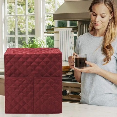Red Waterproof Coffee Maker Cover for Keurig Single Serve Brewers in kitchen, fits 12.5x12x14 inch machines, dustproof shield.