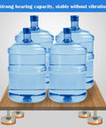 Top Shelf Heavy Duty Furniture Leveling Feet 4 Pack Adjustable Carbon Steel Equipment Support Legs With Quick Threaded Height Control For Zero Shake Stability On Any Terrain with water bottles on a wooden base.