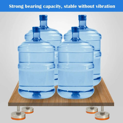 Top Shelf Heavy Duty Furniture Leveling Feet 4 Pack Adjustable Carbon Steel Equipment Support Legs With Quick Threaded Height Control For Zero Shake Stability On Any Terrain with water bottles on a wooden base.