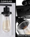 Two Light Black Vanity Lights For Bathroom Over Mirror With Clear Glass Shades And Metal Bases Modern Industrial Wall Sconces