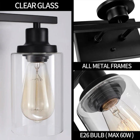 Two Light Black Vanity Lights For Bathroom Over Mirror With Clear Glass Shades And Metal Bases Modern Industrial Wall Sconces