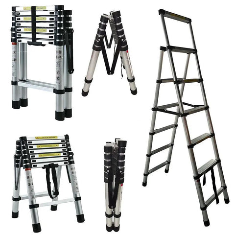 Heavy Duty 5 And 6 Step A Frame Telescoping Ladder, 5.34 Ft Reach, Foldable And Lightweight, 330 Lb Capacity, Wide 74 Mm Pedals With Rubber Feet, Easy To Store, Home Shop Pro Grade folded and open views
