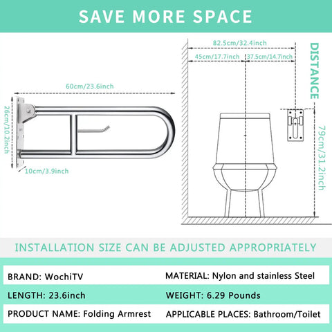 Diagram of 23.6 Inch Stainless Toilet Safety Rails with Flip Up Handicap Grab Bar and Paper Holder next to toilet