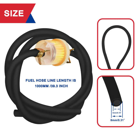 Dirt Bike Gas Fuel Line Hose And Inline Filter Kit For 50cc To 250cc Dirt Bikes ATVs Scooters And Go Karts Fits GY6 Taotao Coolster Apollo SSR Series Moped Pocket Bike And Chinese ATVs Black, showing hose and filter dimensions