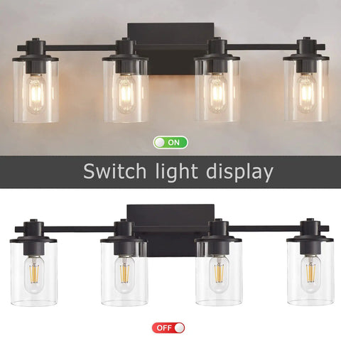 4 Light Modern Vanity Light With Industrial Matte Black Finish And Clear Glass Shades, switched on and off display