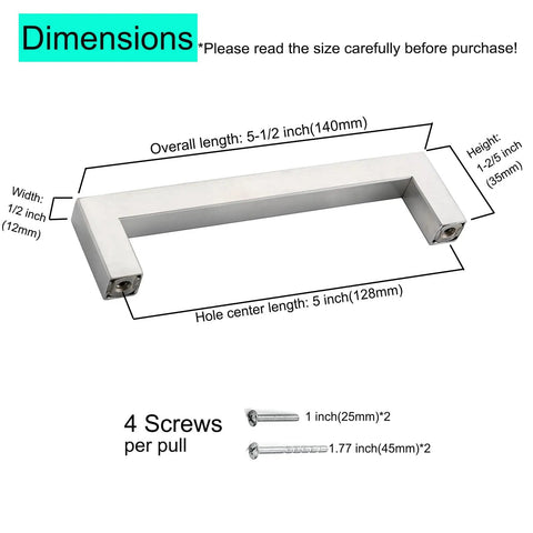 Dimensions diagram of stainless steel cabinet handle, 5-1/2 inch length, 5 inch center, with included screws.