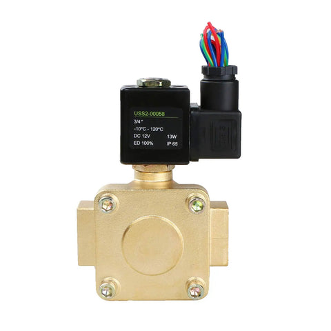 Beefy Heavy Duty Brass Electric Solenoid Valve Three Quarter Inch High Pressure 12 VDC Normally Closed For Gas Diesel Kerosene Air Welding And More Industrial Grade Corrosion Resistant front view