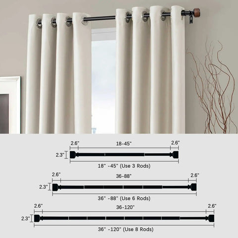 Rustic Wood Curtain Rod With Heavy Duty Adjustable Length 1 Inch Diameter Drapery Rod Featuring Faux Wood Grain Finials Built To Last In Matte Black Walnut Modern Luxe Farmhouse Style Vibe For 36 To 88 Inch Windows, shown with white curtains