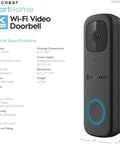 Doorbell Pro No Fuss 4MP Outdoor Video Door Camera For Smart Home Dual Band WiFi 2MP, IP65, showing front view and specifications.