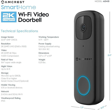 Doorbell Pro No Fuss 4MP Outdoor Video Door Camera For Smart Home Dual Band WiFi 2MP, IP65, showing front view and specifications.