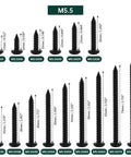 Fifty Pack Number Twelve Size Three Quarter Inch Black Coated 304 Stainless Steel Phillips Pan Head Sheet Metal Screws Self Tapping With Magnetic Bit Heavy Duty Badass Build For Knockout Grip displayed with dimensions.