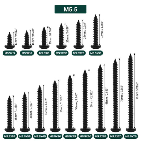Fifty Pack Number Twelve Size Three Quarter Inch Black Coated 304 Stainless Steel Phillips Pan Head Sheet Metal Screws Self Tapping With Magnetic Bit Heavy Duty Badass Build For Knockout Grip displayed with dimensions.