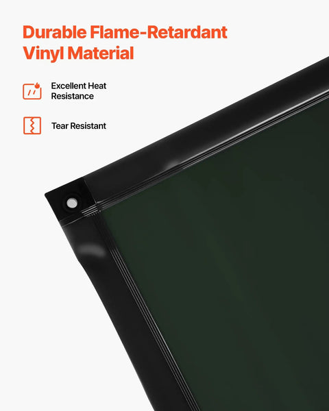Close-up of a dark green flame-resistant vinyl screen for Six By Eight Foot 3-Panel Welding Screen With Frame.