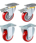 Rolls Like Butter 5Inch Red Polyurethane Swivel Castor Wheels With Brakes 4Pack showing heavy duty non marking casters with metal plates.