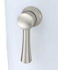 Trip Lever For Nexus Toilet In Brushed Nickel Finish, No Fuss Install Replacement Handle shown on white tank