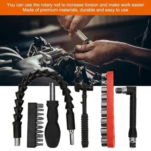 Premium 23Pcs Flexible Shaft Bit Set With Gold Plated Holder And Socket Kit For Electric Drill showing flexible shaft, bits, and sockets