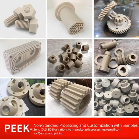 PEEK polymer components in various custom shapes for industrial use, showcasing non-standard processing and customization options.