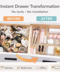 Comparison of cluttered versus organized drawer using 13 Piece Clear Drawer Organizer Set For Bathroom And Kitchen