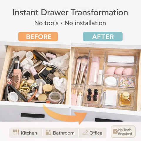 Comparison of cluttered versus organized drawer using 13 Piece Clear Drawer Organizer Set For Bathroom And Kitchen