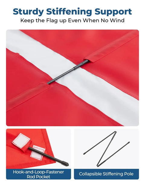 Dive Flag For Boat With Removable Stiffening Pole 20x24 Diver Down Flag featuring its sturdy support and components