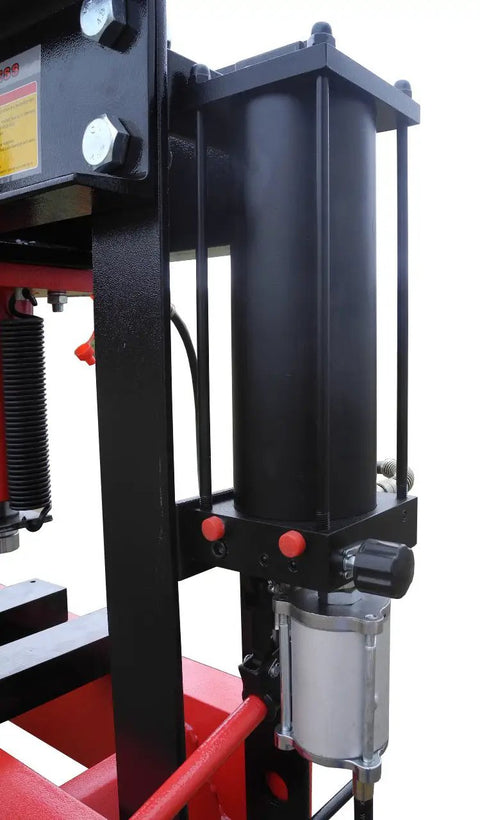Real Deal 40 Ton Air Hydraulic Shop Press close-up of hydraulic cylinder and controls for precision tasks in automotive repairs.