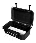 Beefy Heavy Duty Outdoor Electrical Junction Box IP54 Weatherproof Rain Shield Featuring Rock Solid Rubber Gasket Seal To Keep Wiring Connections Safe And Dry Through Rough Elements 15 3 X 8 9 X 5 4 Inch Matte Black open showing power strips inside.