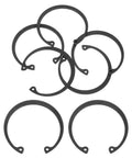 Five Pack Internal Retaining Ring Circlips for Grooved Shafts and Studs, 2.2 Inch Bore, 65Mn Spring Steel with Black Finish, arranged in a set.