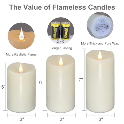 3 Pack Flickering Flameless LED Pillar Candles Battery Operated With Timer Real Wax Ivory 3D Moving Flame Creates Cozy Ambient Glow