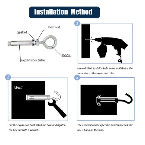 Installation method for 5/16 Inch By 4-3/16 Inch Shoulder Eyebolts Heavy Duty 304 Stainless Steel Expansion Anchors for Concrete