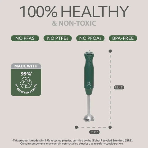 Heavy Lifter 5 Speed Immersion Blender With 500 Watt Turbo Boost And Whisper Quiet Action For Creamy Soups And Smoothies Featuring No Fuss Detachable Stainless Steel Shaft In Eco Conscious Green Finish That Runs Smooth And Reliable, showing eco-friendly design and size.