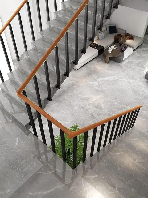 Rock Solid Square Metal Stair Spindles, Side Mount Banister Columns With Screws, Heavy Duty Outdoor Deck And Balcony Railing Kit, Thirty Pack, 90 Cm Height, No Sweat Setup, sleek staircase view with dark spindles and wooden railing